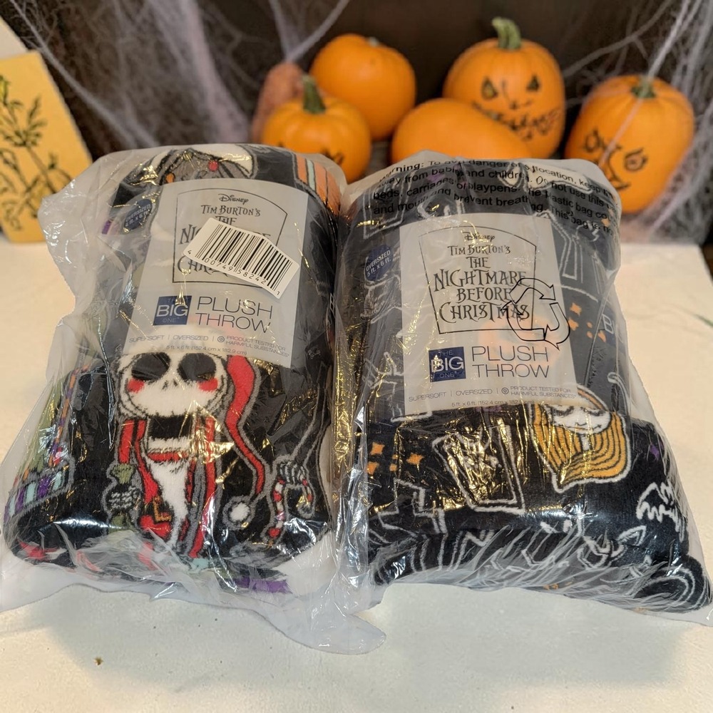 Lot of 2 The Big One Nightmare Before Christmas Plush Throw Blankets Jack Sally